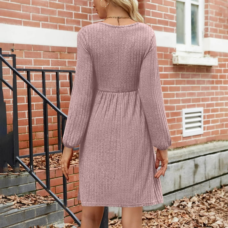 Qolati Dresses for Women Long Sleeve Knit Sweater Dress Fall Midi Casual Dress Thin Empire Waist Flowy Fit and Flare Dresses with Pockets