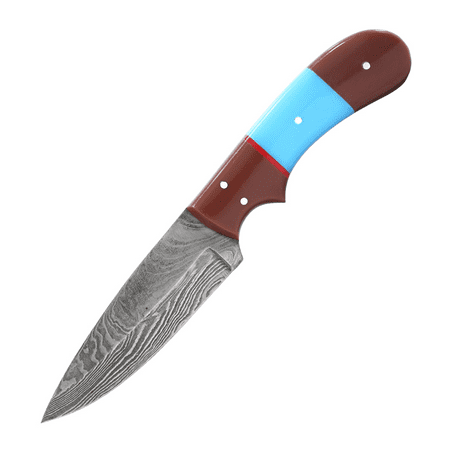 TheBoneEdge 8 Damascus Steel Fixed Blade Hunting Knife Brown & Blue Resin Handle with Leather Sheath