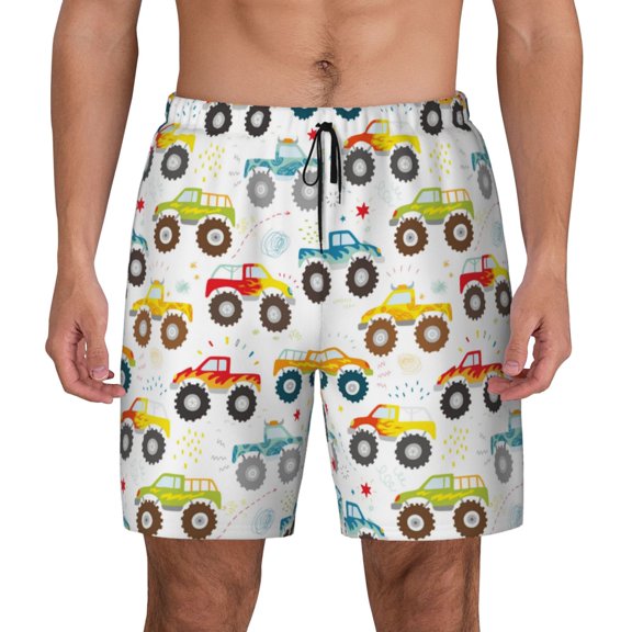 Kdxio Cartoon Monster Trucks Print Men'S Swim Trunks With Compression Liner 7 Inch Inseam Quick Dry Swim Shorts