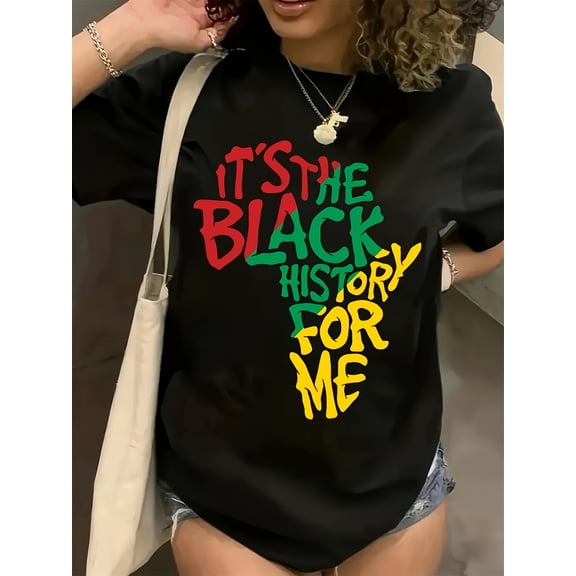 Women'S Graphic Tee | Black Shirt with Red, Green, Yellow Lettering - Opaque, Casual Everyday & Statement Top, Machine Washable, Crew Neck, Short Sleeve, Geometric-pattern, Medium Elasticity Fabric