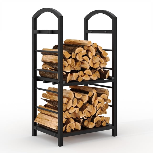 QinaQin Leñero de 30 pulgadas para interior o exterior, rack metálico alto con ganchos para kindling, ideal para chimenea, patio o fogatero