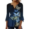 thumbnail image 1 of IROINNID en Solde Chemises Grande Taille pour Femmes Col Rond Manches Longues Confortables Imprimé Trompette Boutonné Basique Froncé Hauts Blouses Plissées, Navy, 1 of 6