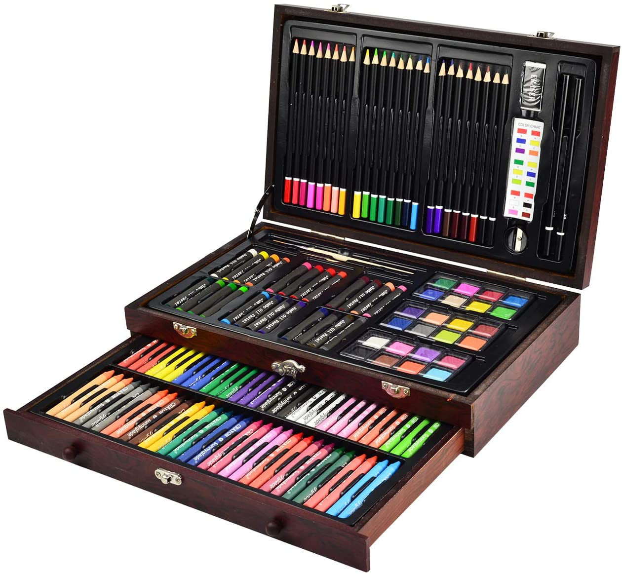 WRITENBACO 145 Piece Deluxe Art Set, Wooden Art Box & Drawing Kit with Oil  Pastels, Crayons, Colored Pencils, Watercolor Cakes, Brushes, Creative Gift