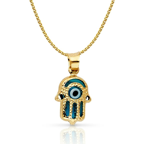 Ioka-14K Yellow Gold Evil Eye Hamsa Charm Pendant with 1.2mm Flat Open Wheat Chain Necklace - 16"