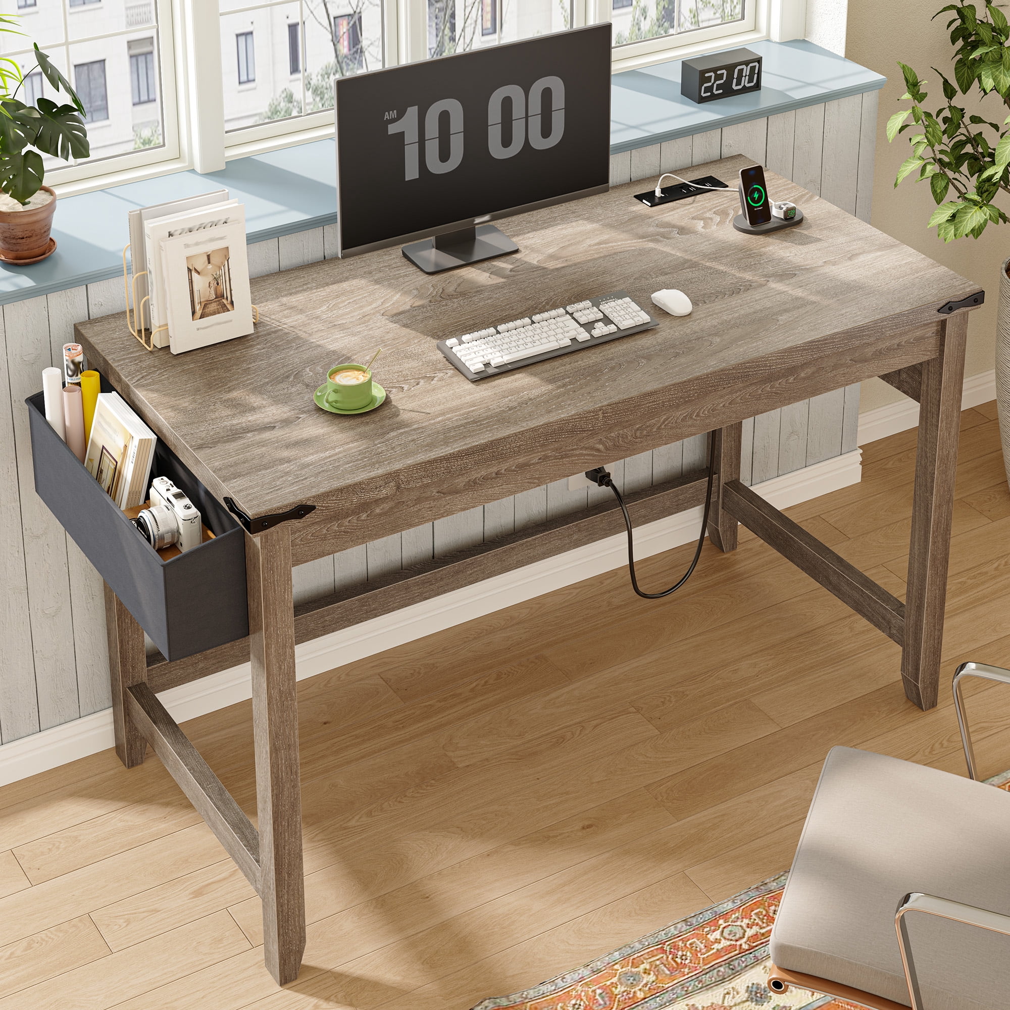 Enhomee Computer Desk with Power Outlet 40.1"W Small Desk for Bedroom, Ash Gray