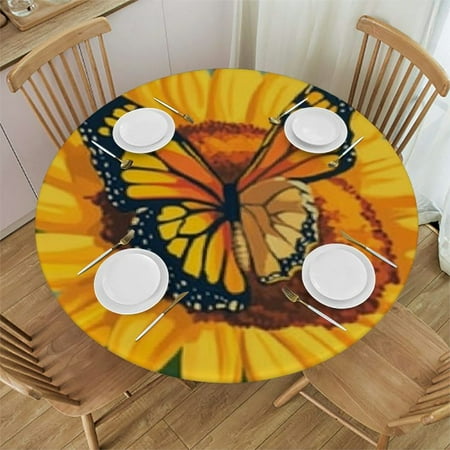 

Autua Sunflower Butterfly Blue Background Round Table Cover Stain Resistant & Washable for Indoor Outdoor Use - Perfect for Kitchen Dining Wedding Parties - 100% Polyester Fiber 46 -50