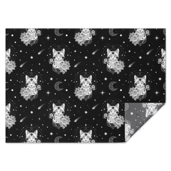 Black White Cat Rose Moon Star Pattern Rectangle Tablecloth 60"x84",Waterproof Polyester Rectangle Table Cloth, Wipeable Spillproof Polyester Tablecloth for Dining, Camping, Indoor and Outdoor