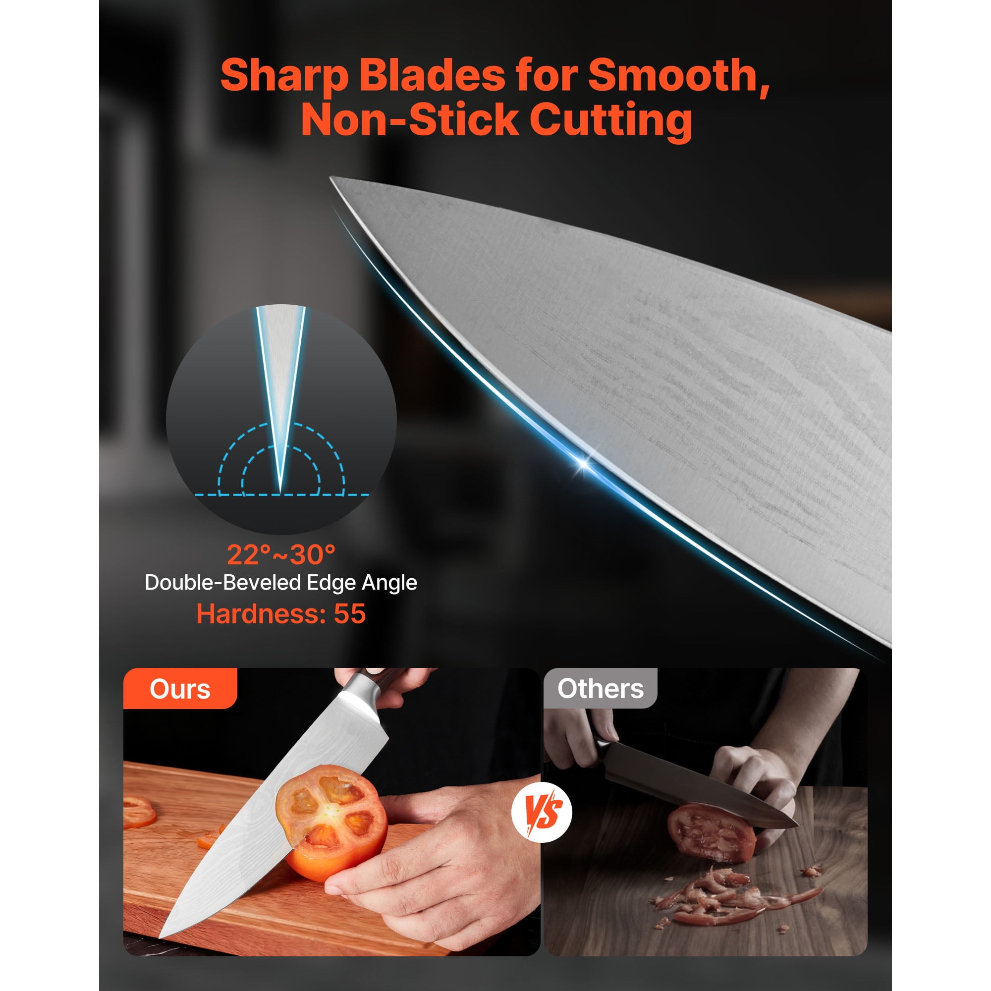 KFFKFF 15-Piece High Carbon Stainless Steel Knife Set with Wooden Block and Sharpener, Durable Kitchen Cutlery Featuring Ergonomic Handles, Rust-Resistant Design, Sharpening Rod, Ideal for Home Use