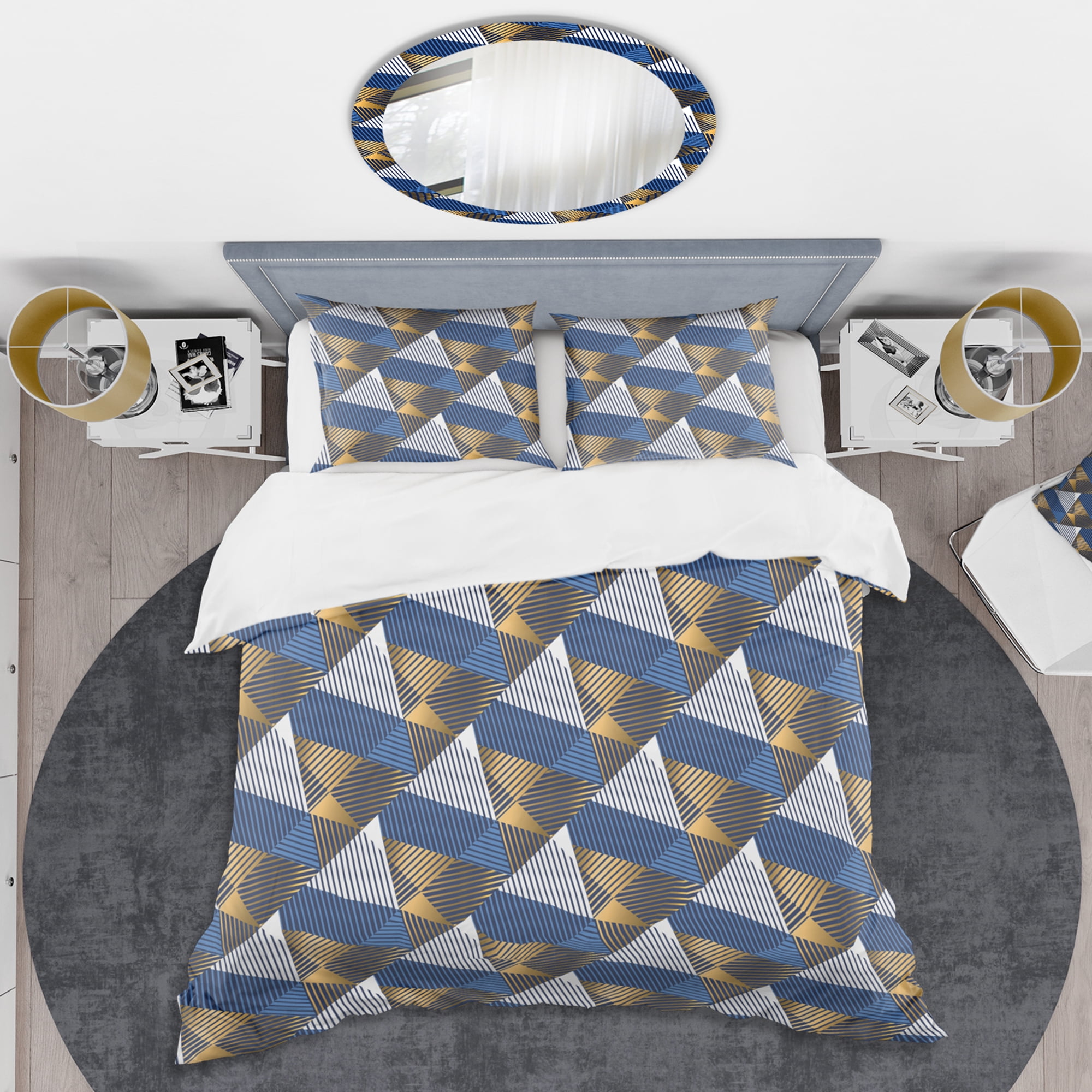 Designart 'Retro Luxury Waves In Gold And Blue V' Mid-Century Modern Duvet Cover Set