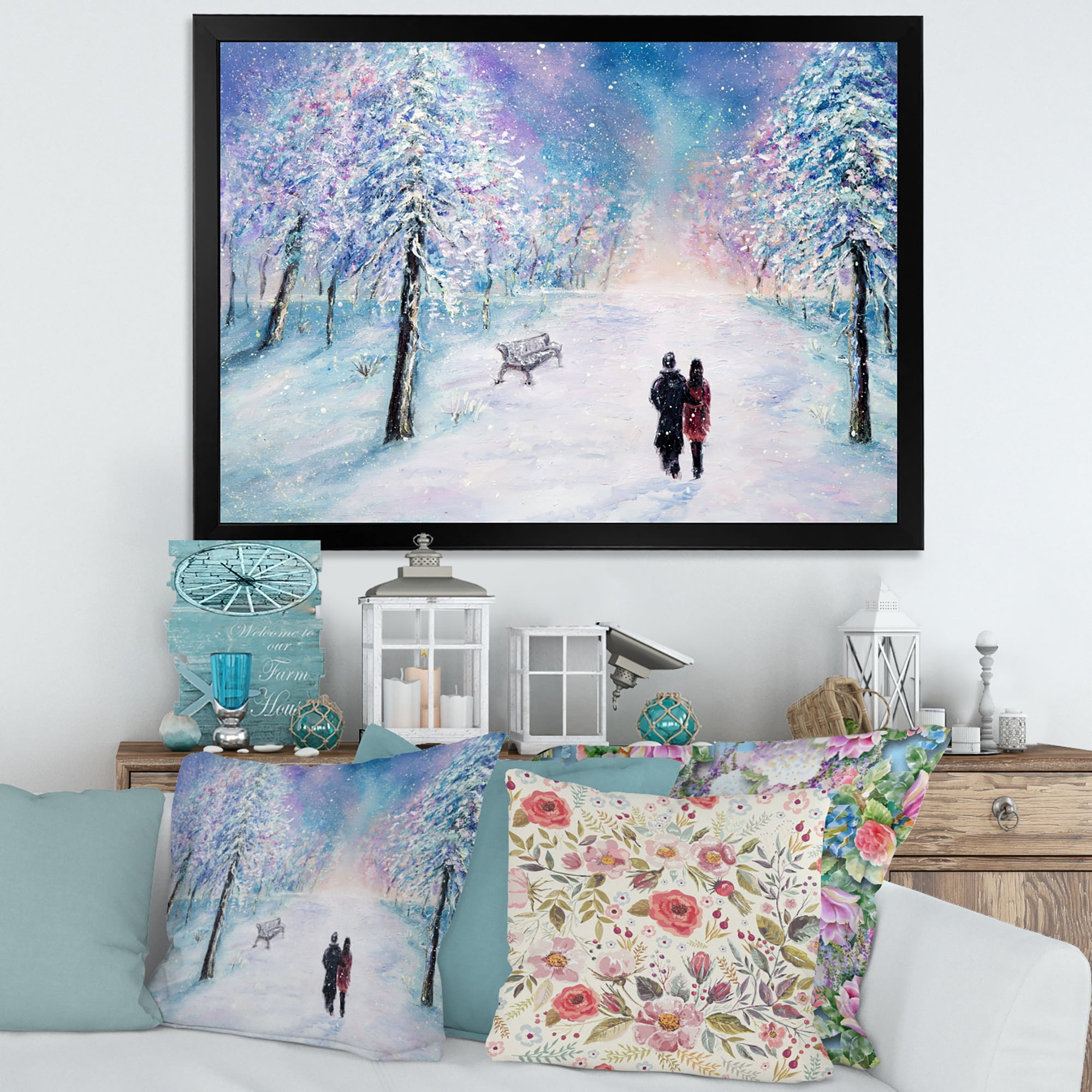 Couple In Love Walks During Snowy Winter Times 20 in x 12 in Framed Painting Canvas Art Print, by Designart