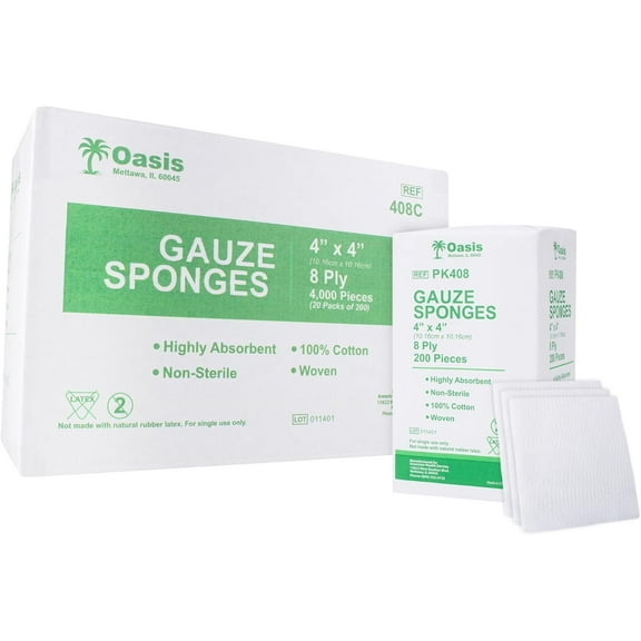 Oasis 4 x 4 inch Gauze Sponges, 100% Cotton, 8-Ply Woven Non-Sterile Gauze, 1 Case of 4000