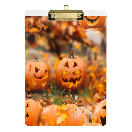 Fashion Clipboard, Acrylic Clipboards, 12.5 x 9 in Clipboard with metal clips, Clip with Retractable Hanging Tab Carved Pumpkins with Happy Faces