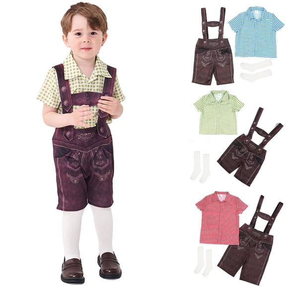 TBWNWG Boys Outfits & Set Kids Toddler Summer Print Oktoberfest Short Sleeve Shirt Suspender Pants Skirts Socks Clothes for Young Boys,Size 2-4 Years