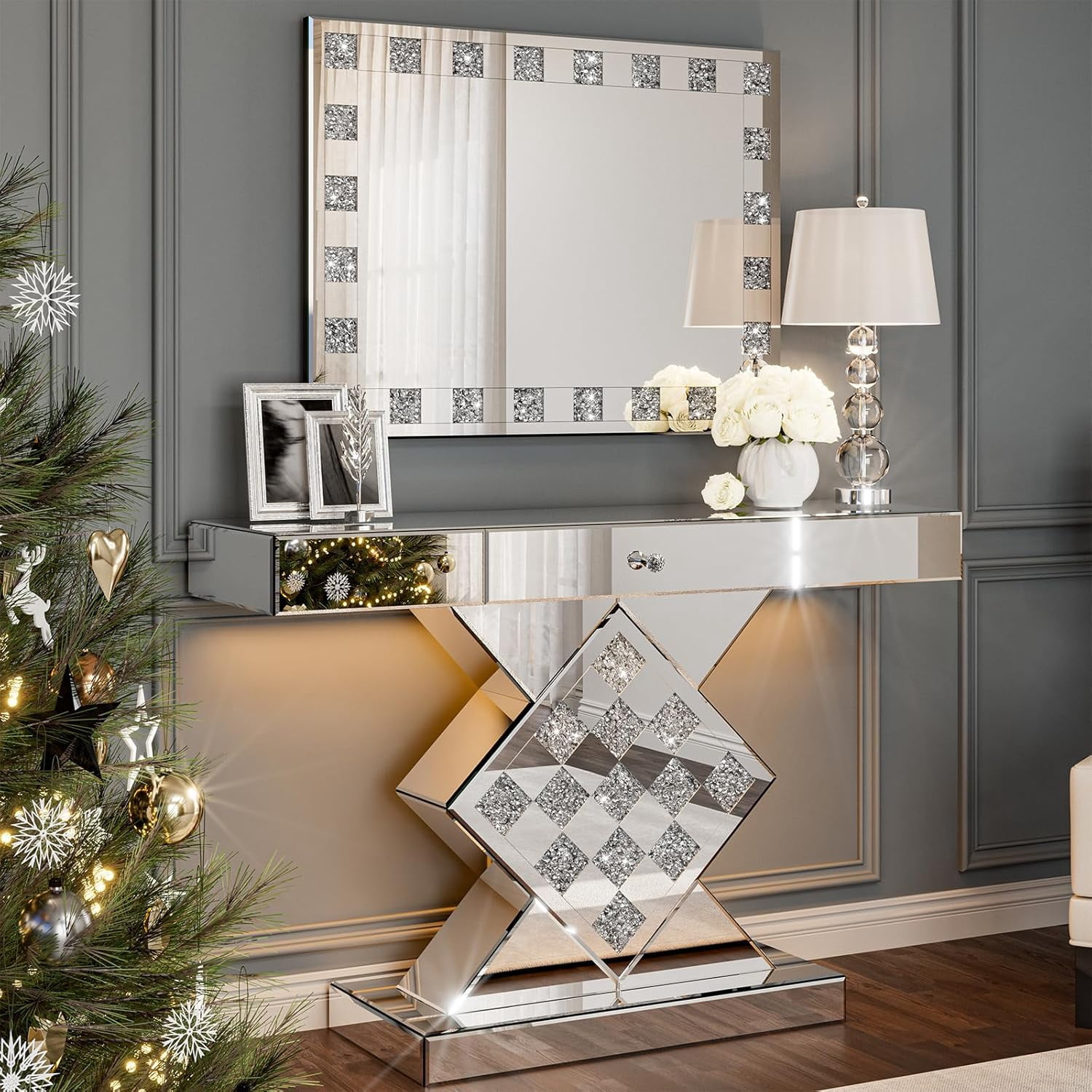 ARICOEASY Mirrored Console Table with LED Light and Storage Drawer, Narrow Entryway Table with drawers for Living Room Furniture Sets