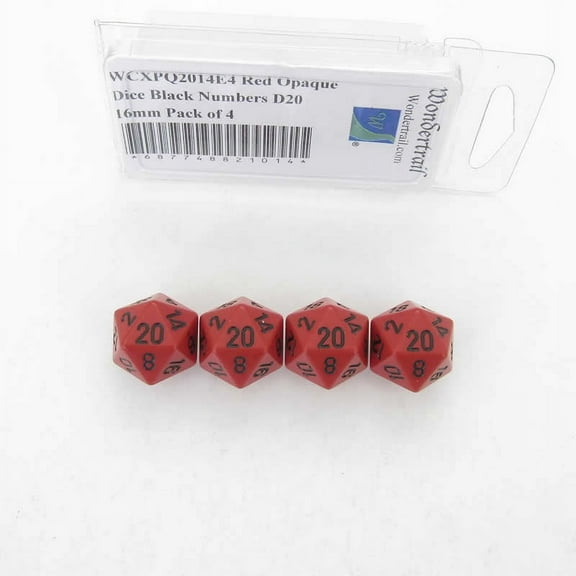 Red Opaque Dice with Black Numbers D20 Aprox 16mm (5/8in) Pack of 4 Wondertrail