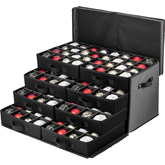 Premium Large Christmas Ornament storage Box, with Side Open, Drawer Style Trays - 3" Compartment, 8 Trays, Keeps 128 Holiday Ornaments & Xmas Accessories, Storage Container Made Of 600D Oxford Fabric