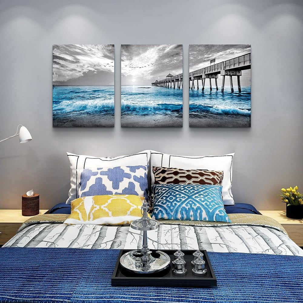 Black And White Beach Wall Paintings Wall Decorations For Living Room Canvas Wall Art For Bedroom Office Wall Decor Blue Ocean Sea Wave Pictures Prints Artwork Modern Home Decor 3 Piece