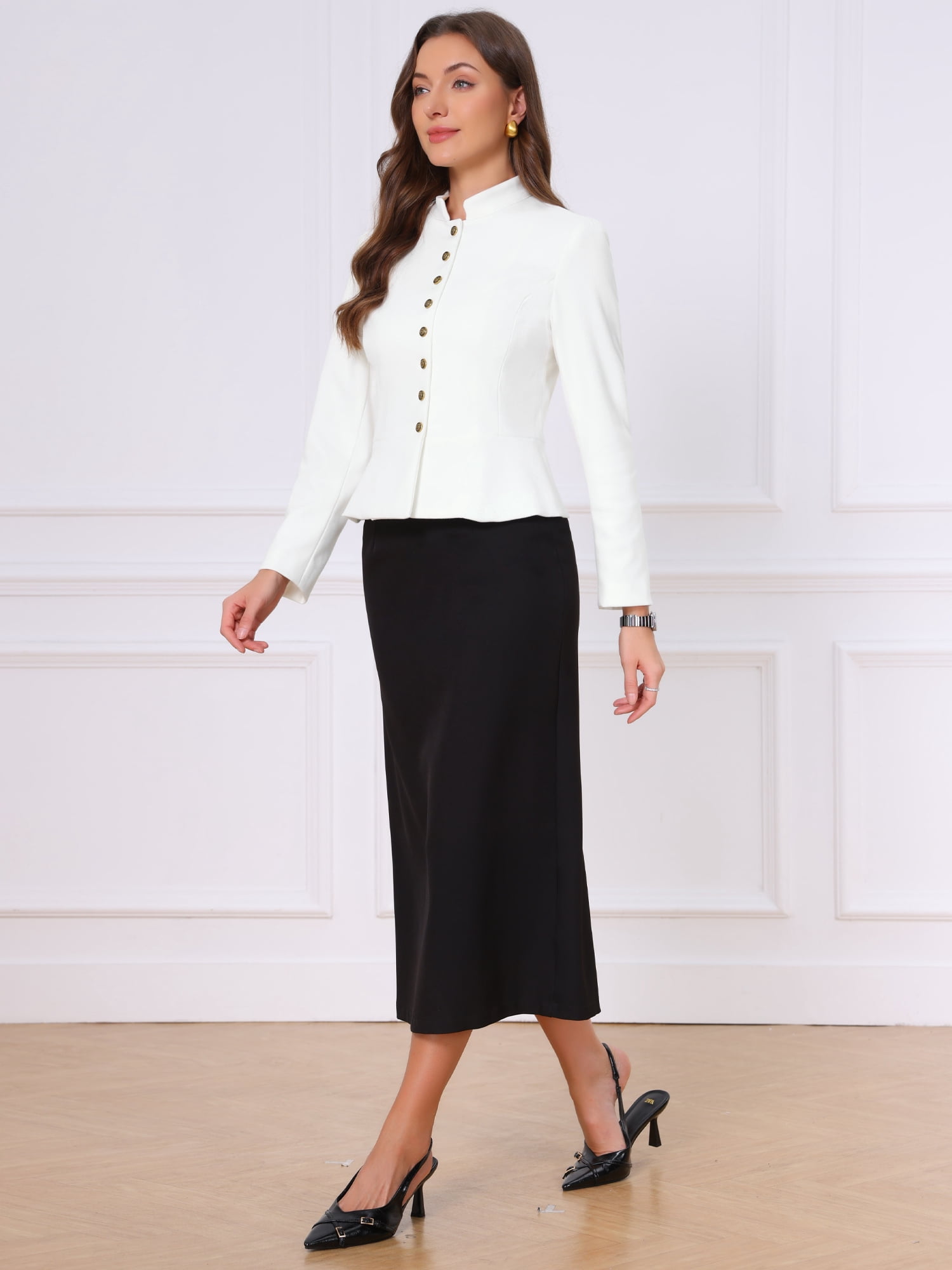 DARING DIVA Women's Blazer Classic Button Stand Collar Blazer S Cream White