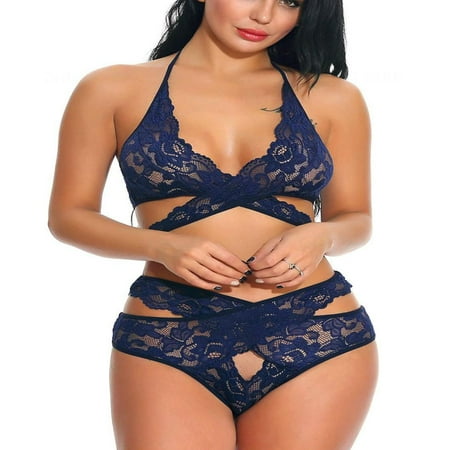 

Womens Sexy Lingerie Two Piece Lace Bra and Panty Set Halter Cross Underwear