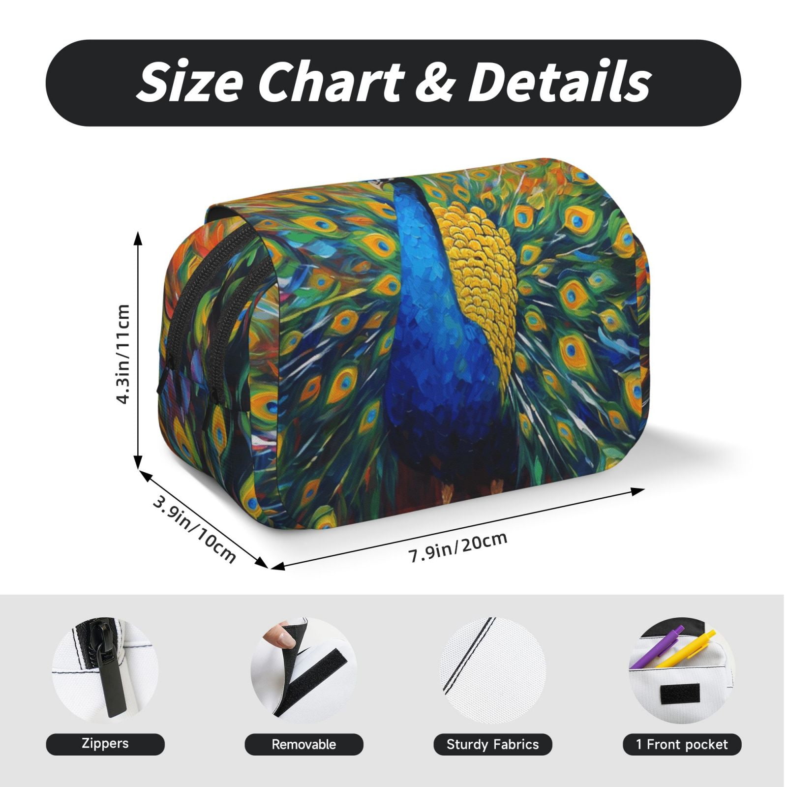 Rateoe Peacocks Pattern Double Clamshell Pen Case, Storage Organizer with Two Zipper Compartments– Holds Up to 50 Pencils & Pens
