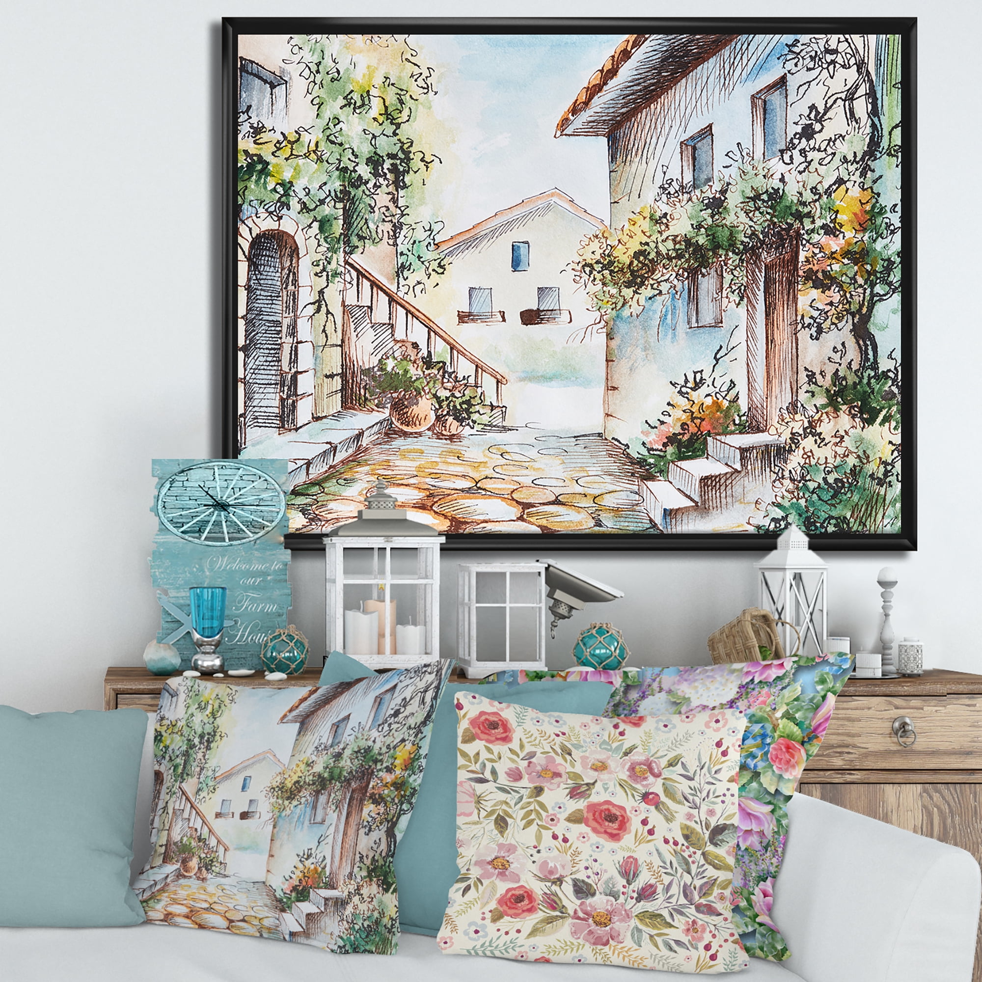 Sunny Day At The Vintage City Cozy Street 32 in x 24 in Framed Painting Canvas Art Print, by Designart