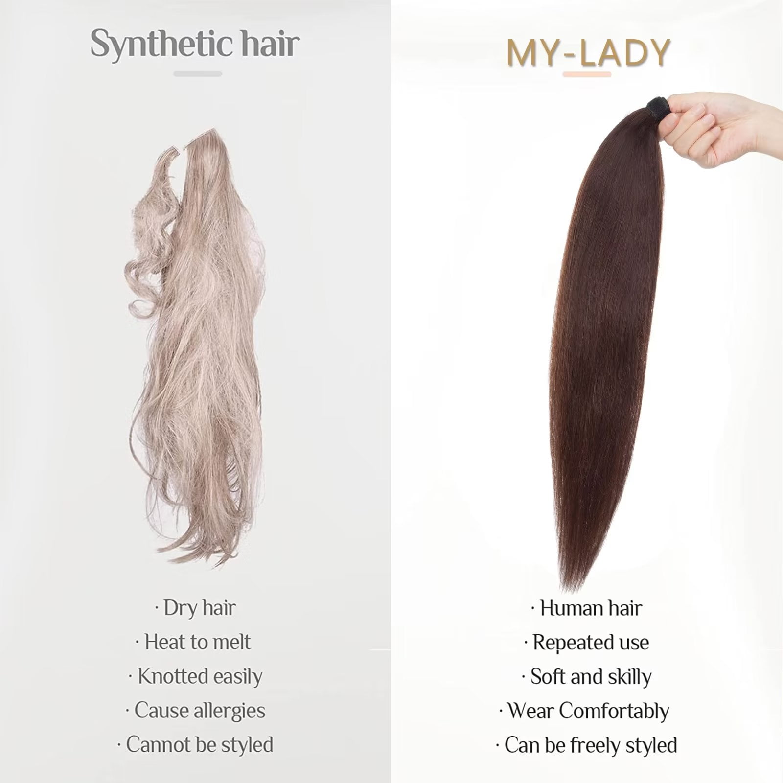 MY-LADY Remy Human Hair Extensions Ponytail Magic Paste Extensions Hair Wrap Around Ponytail Hair Piece Clip in Straight 14inch #02 Dark Brown