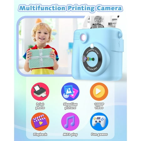 BYSERTEN Kids Camera Instant Print, Portable Toy Cameras for Boys & Girls Age 6-12 Birthday Gifts - Blue
