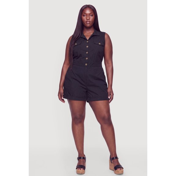 Women's Plus Size Collared Button Front Romper