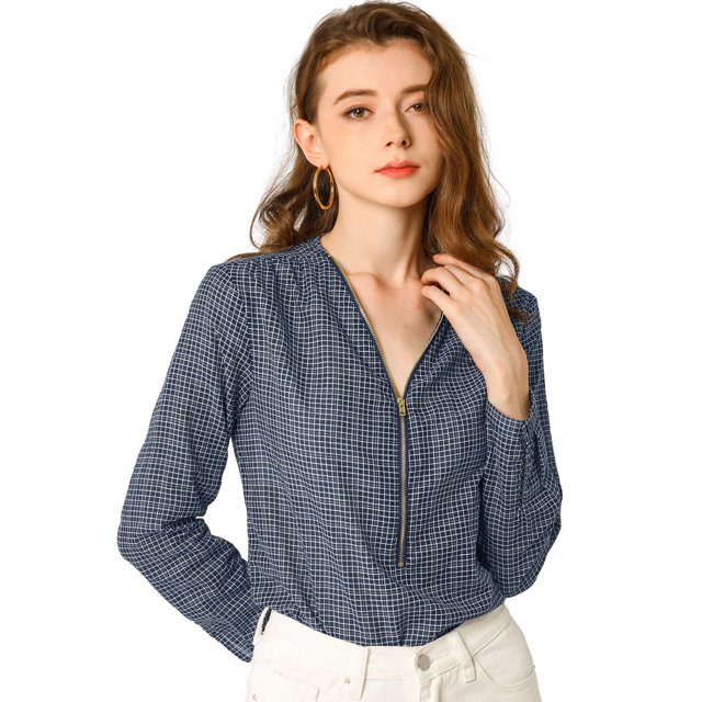 Allegra K Blusa Estampadas Cuadros Cuello En V Cremallera Manga Larga Botón Brazalete Top Casual Para Mujeres Azul L