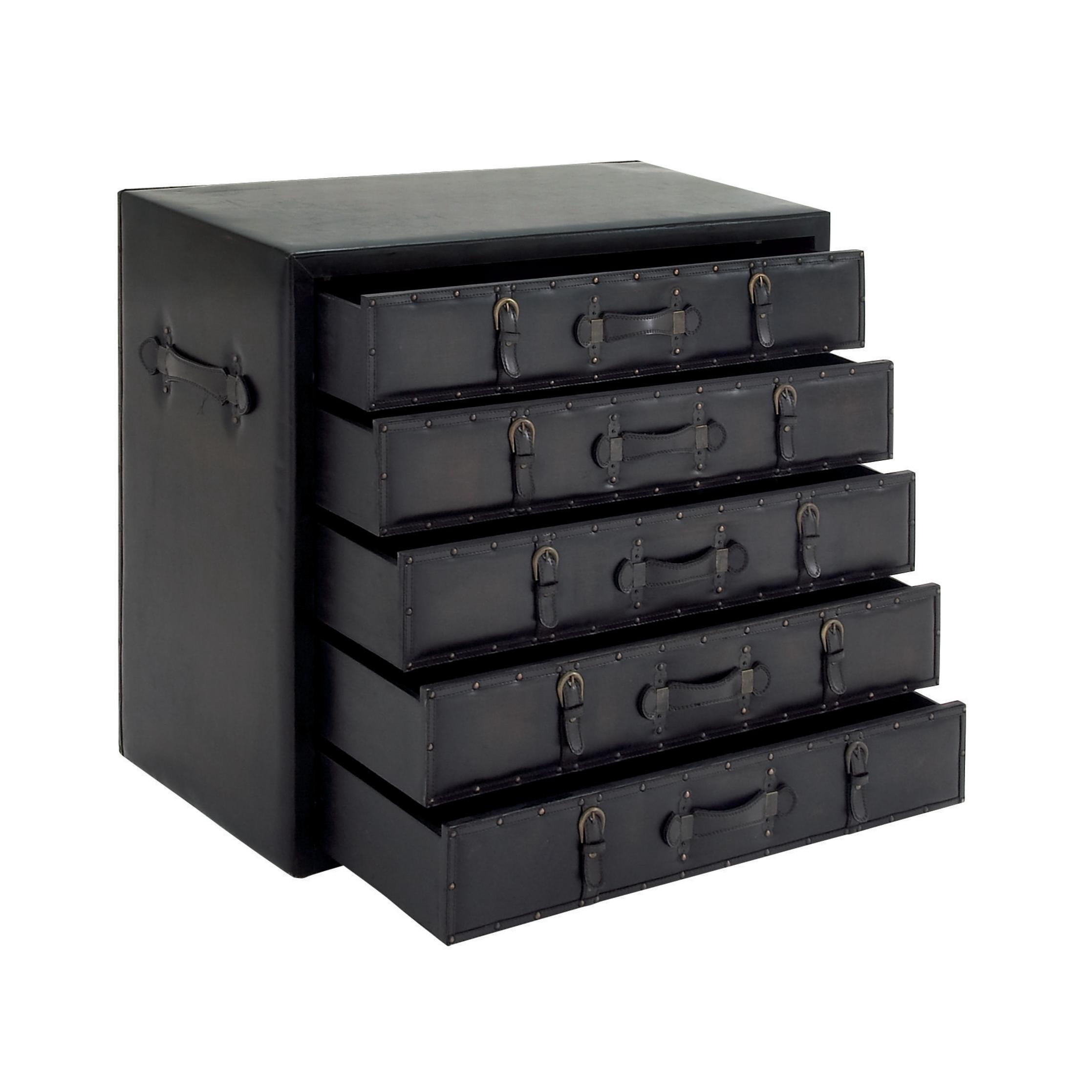 DecMode 36" x 32" Black Faux Leather Vintage Trunk Chest with Gold Studs and Buckle Details, 1-Piece
