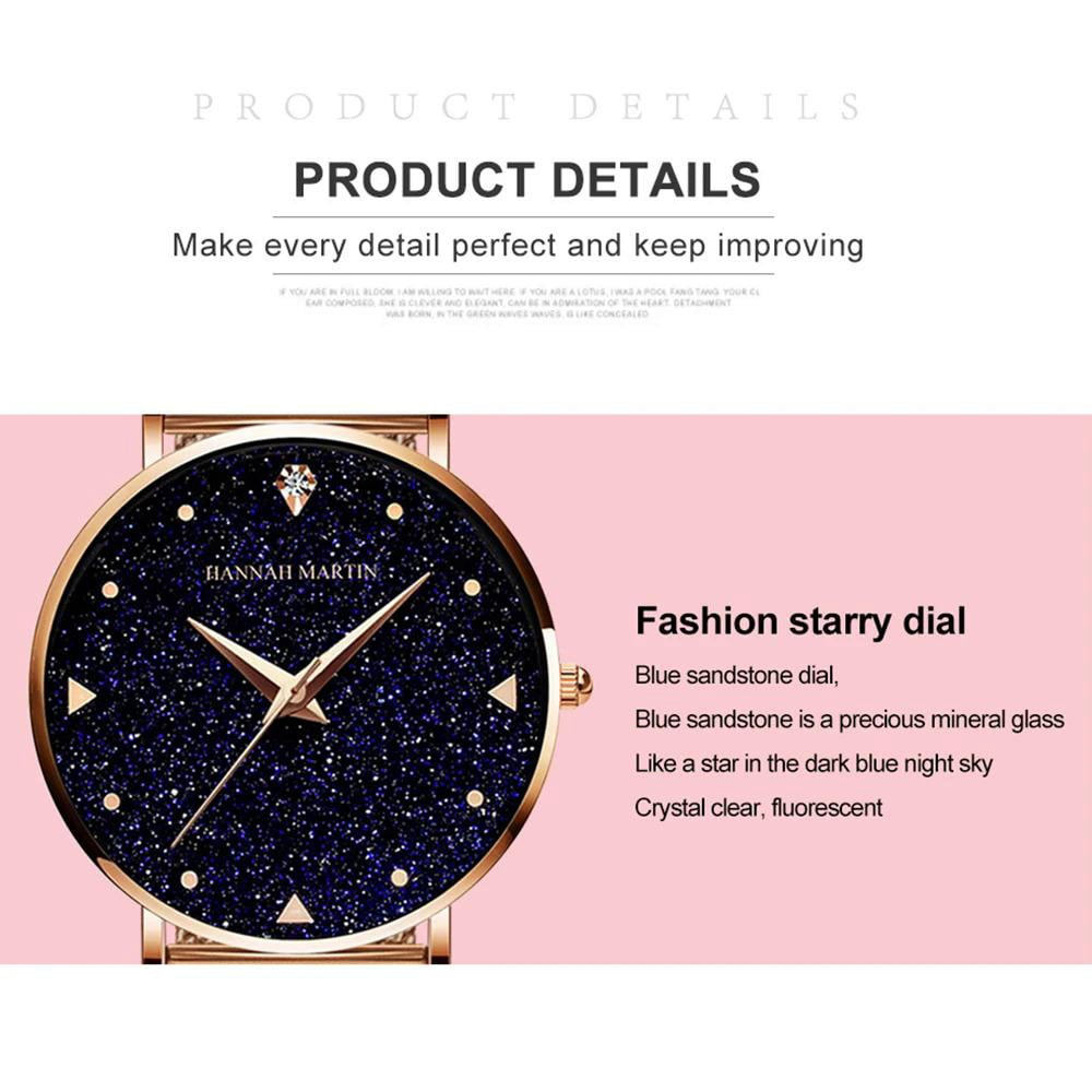 Hannah Martin Ladies Watch Japan Quartz Movement Stainless Steel Mesh Band Wristwatches Flash Night Stars Face Watches For Women
