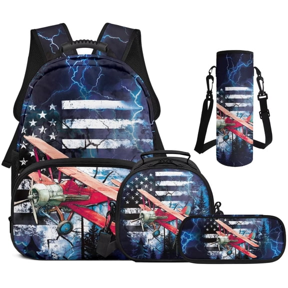 Bulopur Boys 17 Inch Backpack Set 4 Piece Vintage Airplane Print School Bookbag with Lunch Box, Water Bottle Holder and Pencil Case for Elementary