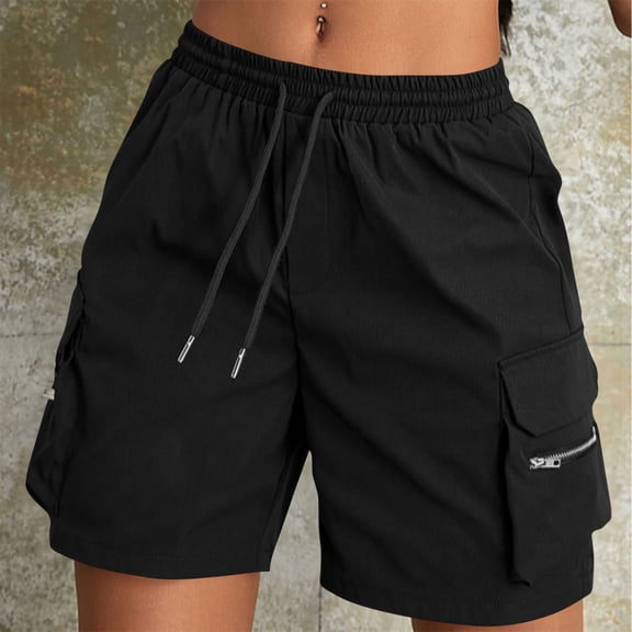 Lutiedan Womens Cargo Shorts Elastic High Waist Drawstring Summer Shorts Athletic Hiking Running Beach Shorts with Zipper Pockets