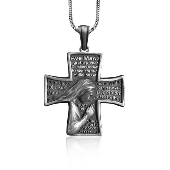 Holy Mary Prayer 925 Silver Necklace, Cross Necklace, Religious Pendant, Unique Christian Jewelry, Handmade Sterling Silver Catholic Pendant