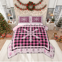 Manfei Girly Cute Snowflake Full Size Comforter Sets for Kids, Black Pink Buffalo Plaid Bedding Comforter Set, Merry Christmas Reversible Bedding Sets, Super Cozy Room Decor, 3pcs