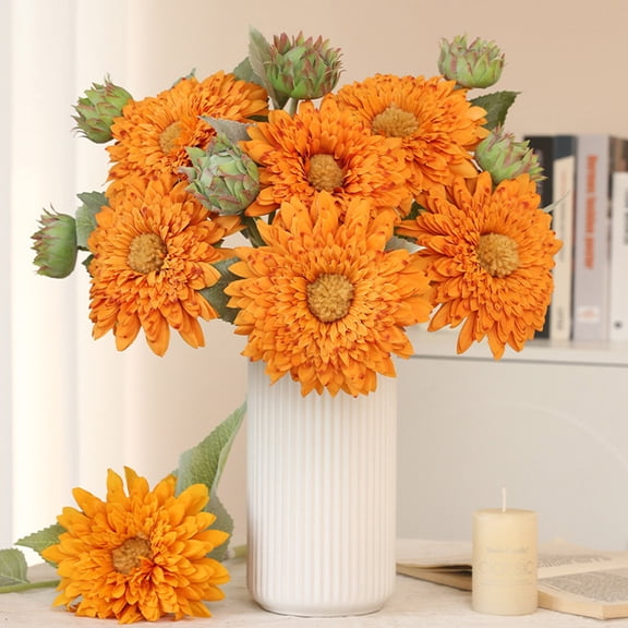 Kmonabie Teddy Sunflower Faux Flower, Quality Fabric Full Shape Flocked Center Artificial Sunflower, 16.5 Inch Orange Cloth Flower for Home Vase Wedding Table Decor