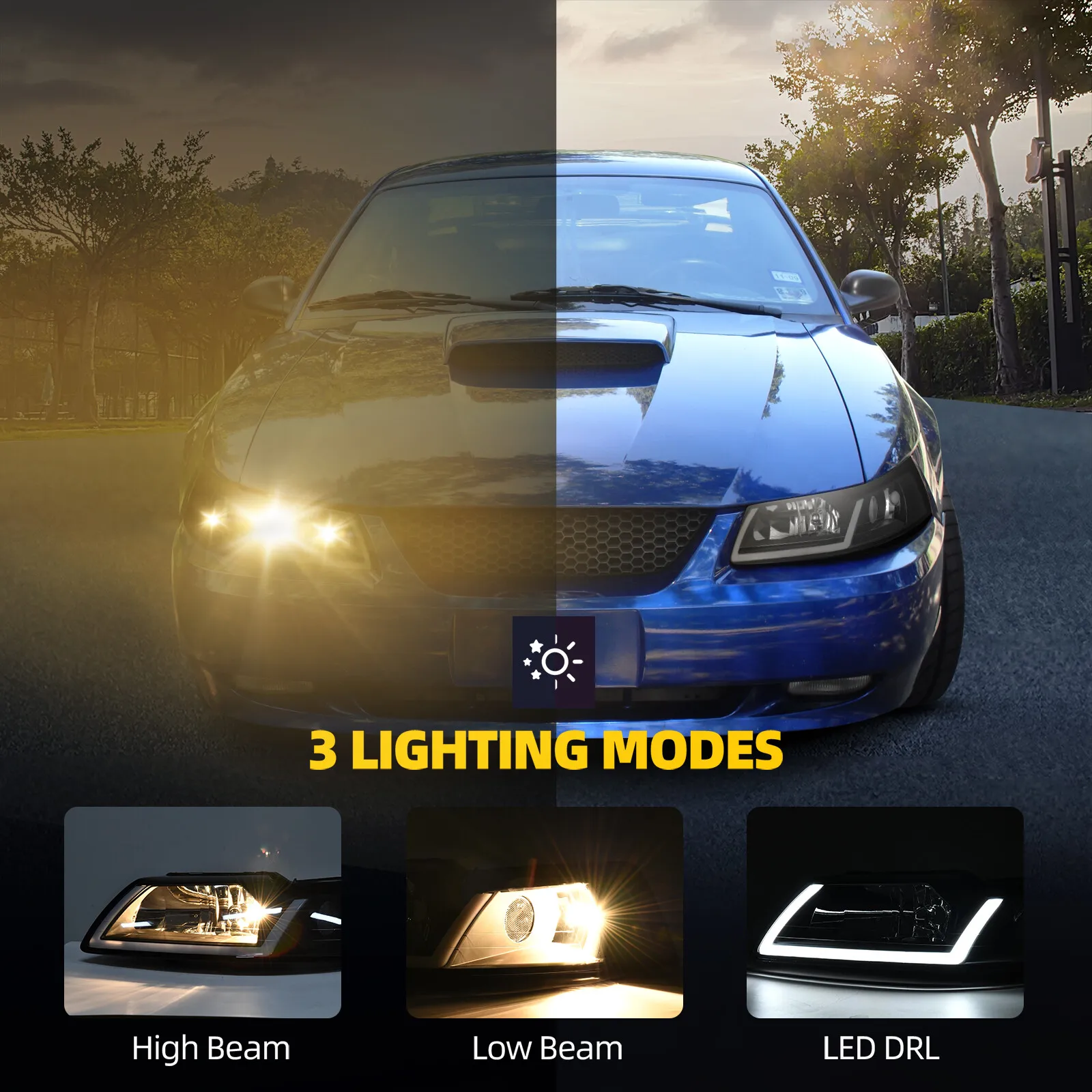 RVNI For 1999-2004 Ford Mustang GT SVT Cobra LED DRL Black Headlights Headamps Pair Set