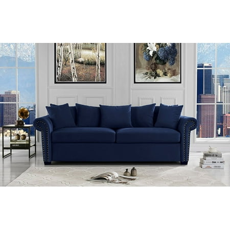 - Classic Scroll Arm Velvet Living Room Sofa with Nailhead Trim (Navy Blue)