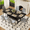 Black Table+6 Light Gray Chairs, variant on Hi loPres 71" Modern Dining Table Set for 6 with Storage Shelf, Stylish Black MDF Kitchen Table and 6 Premium White PU Leather Chairs for Dining Room
