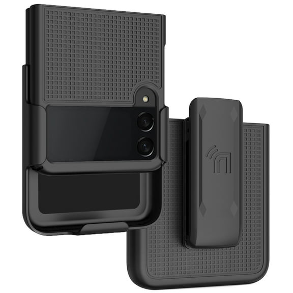 Case with Clip for Galaxy Z Flip 3 5G, Nakedcellphone [Grid Texture] Slim Hard Shell Cover and [Rotating/Ratchet] Belt Hip Holster Holder Combo for Samsung Z Flip3 Phone (SM-F711, 2021)