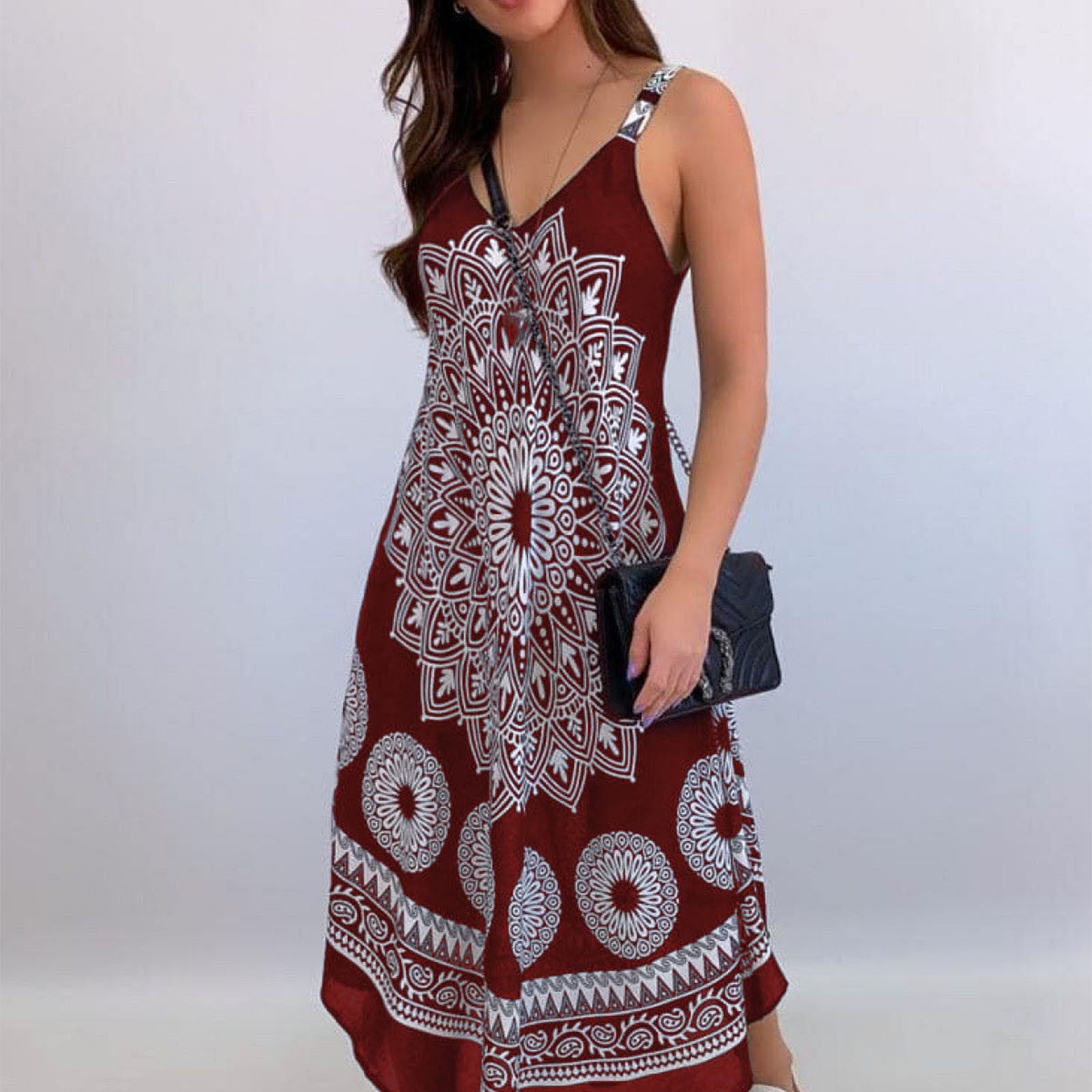 Wirdiell Womens Dresses Casual Maxi Dress Fashion Casual Totem Printed V Neck Sling One Piece Dress Party Dress For Women Summer And Autumn Beach Dress Sun Dress Red Xl Walmart Com