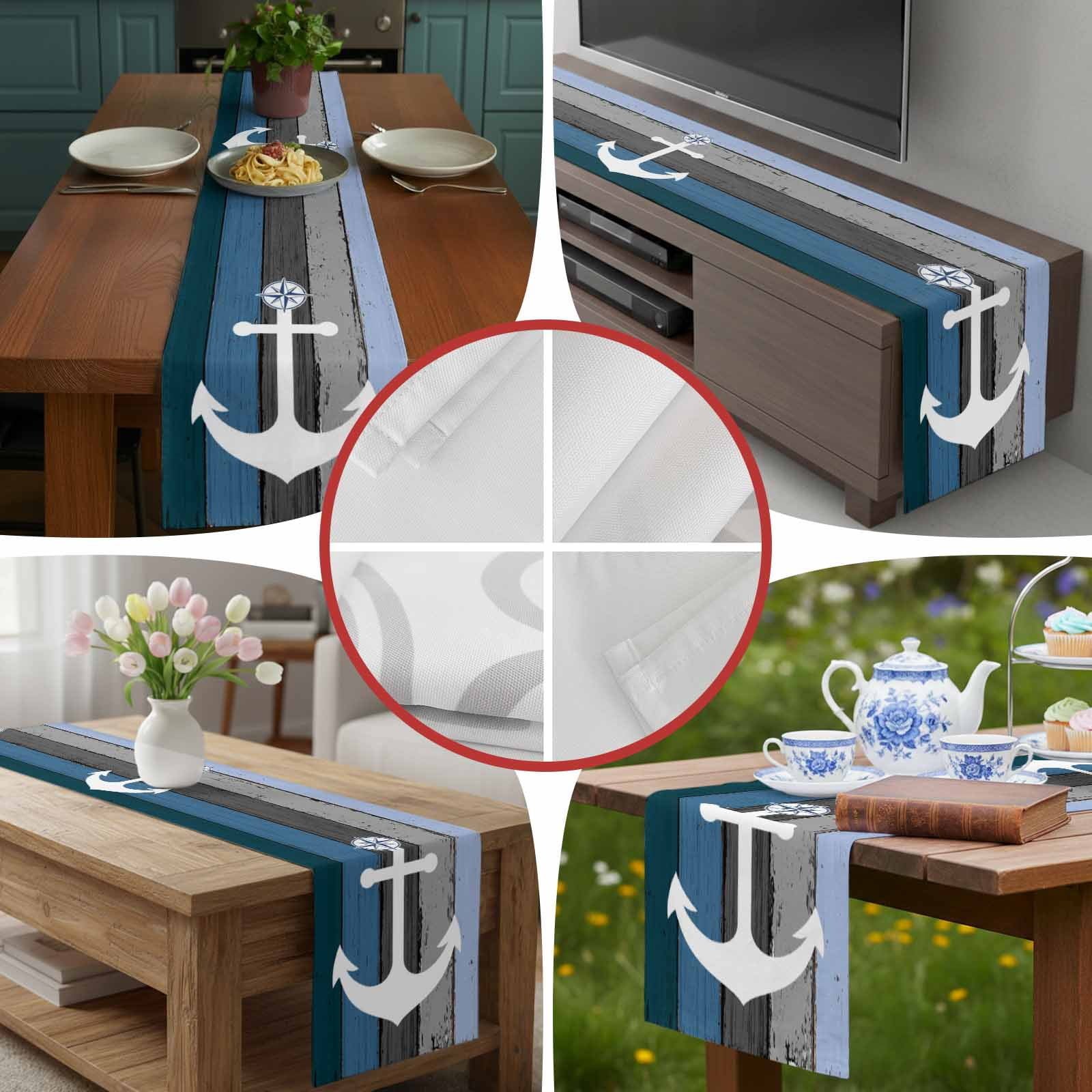 Nautical Anchor Ocean Theme Table Runner 90 Inches Long, Farm Blue Wood Board Table Runners Tabletop Scarf Kitchen Dining Tables Decoration for Home Party Indoor Outdoor
