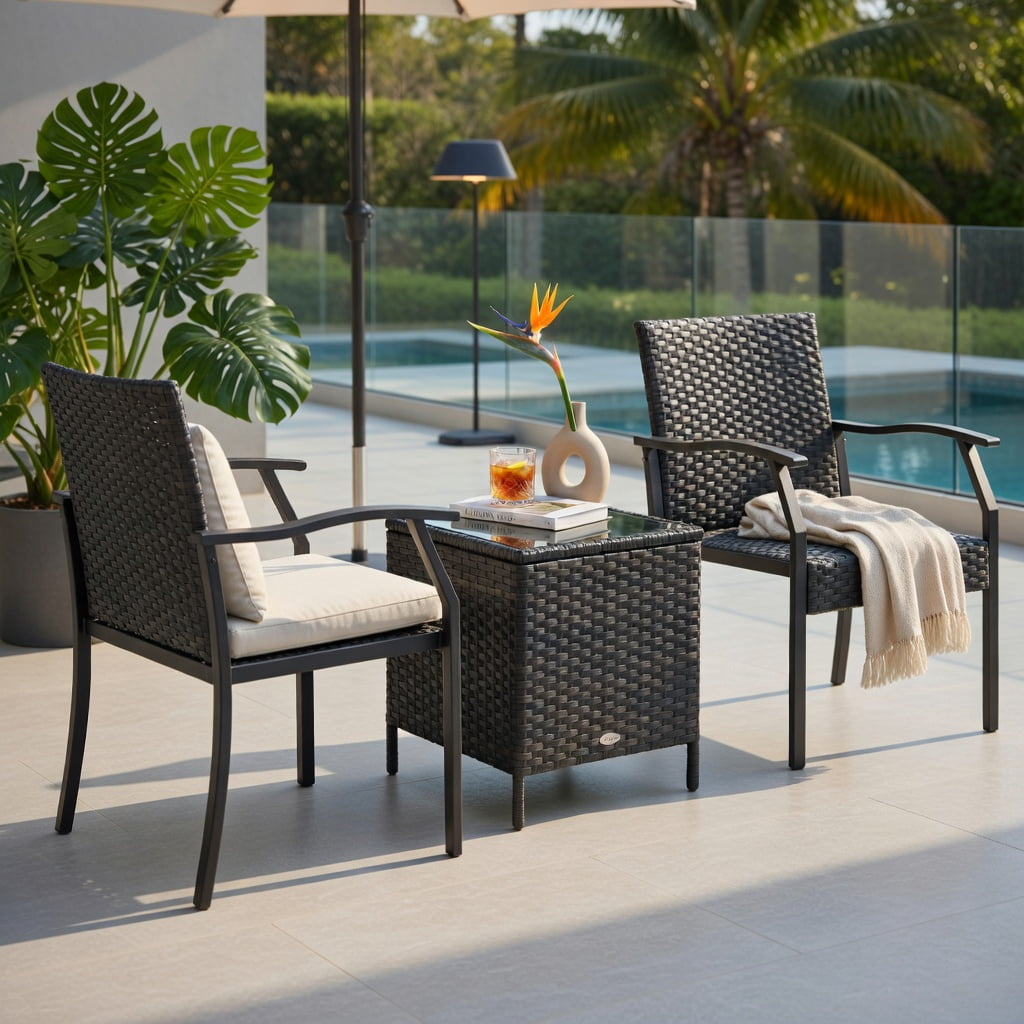 Hommoo 3-Piece All-Weather Wicker Patio Chair Set with Quick-Dry Foam Cushions & Tempered Glass Coffee Table, PE Rattan Outdoor Seating for Backyard, Poolside & Porch, Brown