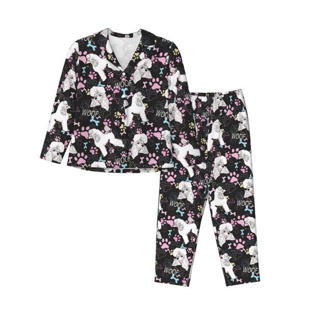 Fotbe Cute Poodle Dog Conjunto de Pijama de Manga Larga para Mujer con Estampado, Ropa de Dormir de 2 Piezas, Conjunto de Casa Suave y Cómodo con Bolsillos-Medium