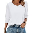 thumbnail image 3 of Women's Dressy Casual Blouse with Smocked Cuffs, 3/4 Length Sleeve Tops for Work Office White S, 3 of 9