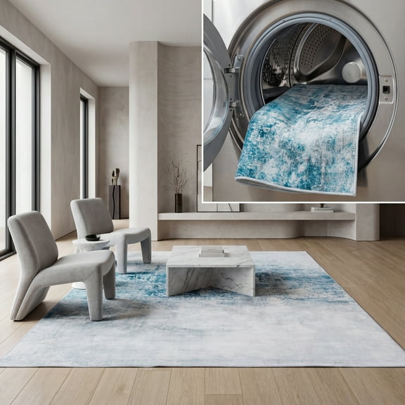 SAFAVIEH Malibu Jaime Distressed Polyester Machine Washable Area Rug, Gray/Blue, 8' x 10'