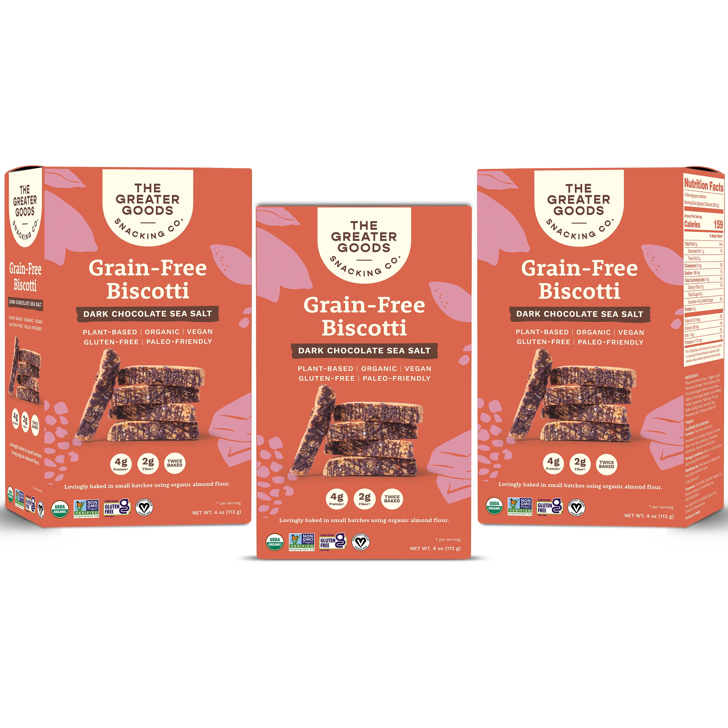 The Greater Goods Snacking Co. Gluten Free Dark Chocolate Sea Salt Biscotti Cookies, 4oz, 3 Boxes