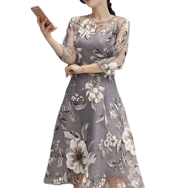 AMERTEER Robe Midi à Double Couche pour Femmes, Col Rond, Manches 3/4 en Maille, Imprimé Floral, Grande Ampleur