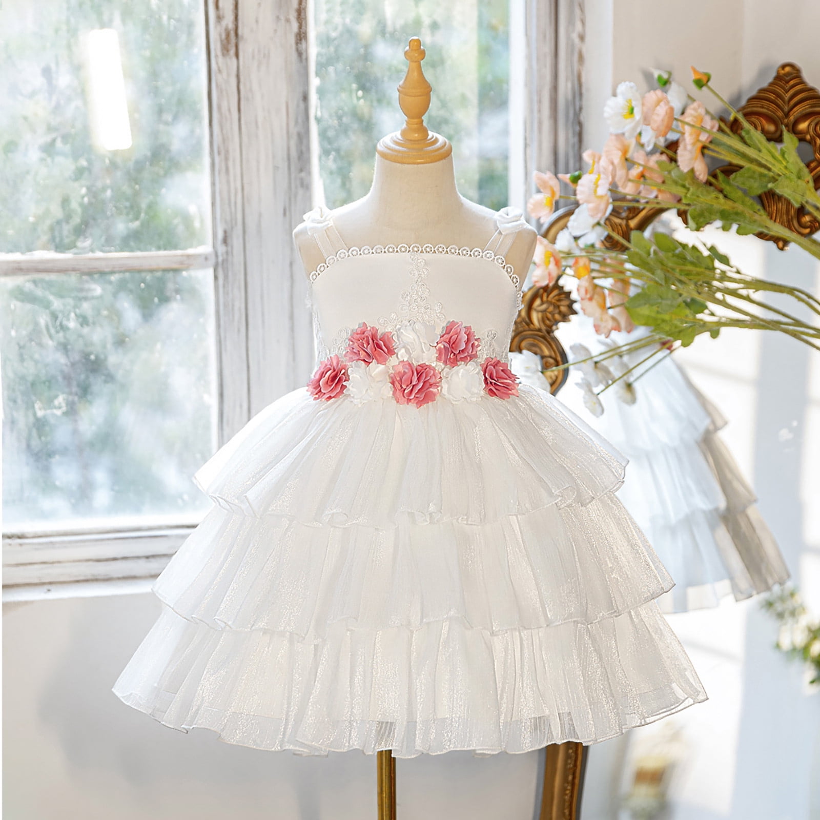 Wdgfv Girls Summer Dress Casual Tiered 3D Floral Applique Party Gown for Toddler Kids Outdoor Play and White 4-5 Years