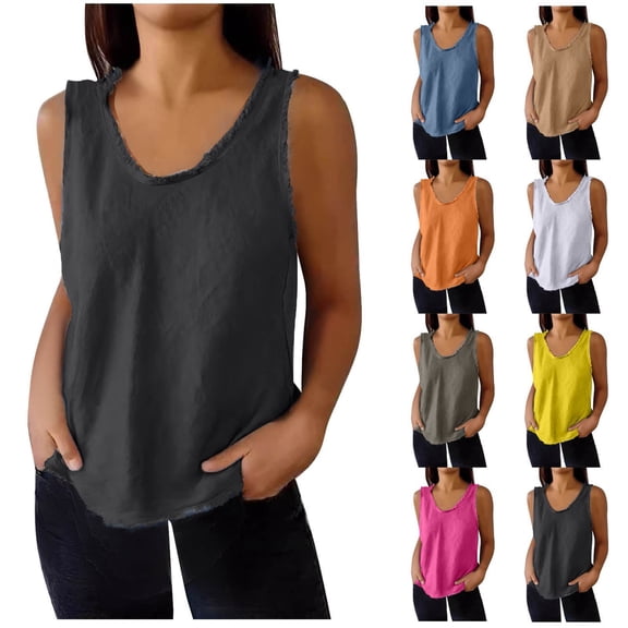 YHAJDS Womens Plus Size Tank Tops Solid Color Round Neck Sleeveless Loose Linen Top With Fringe Detail